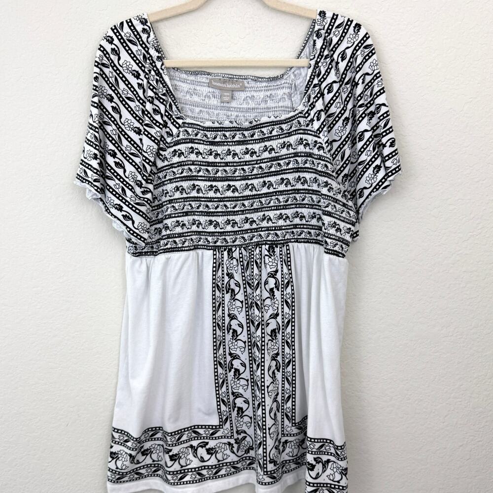 Woman Within Womens Short Sleeve Top Sz 18/20 Smocked Beaded Floral Casual White